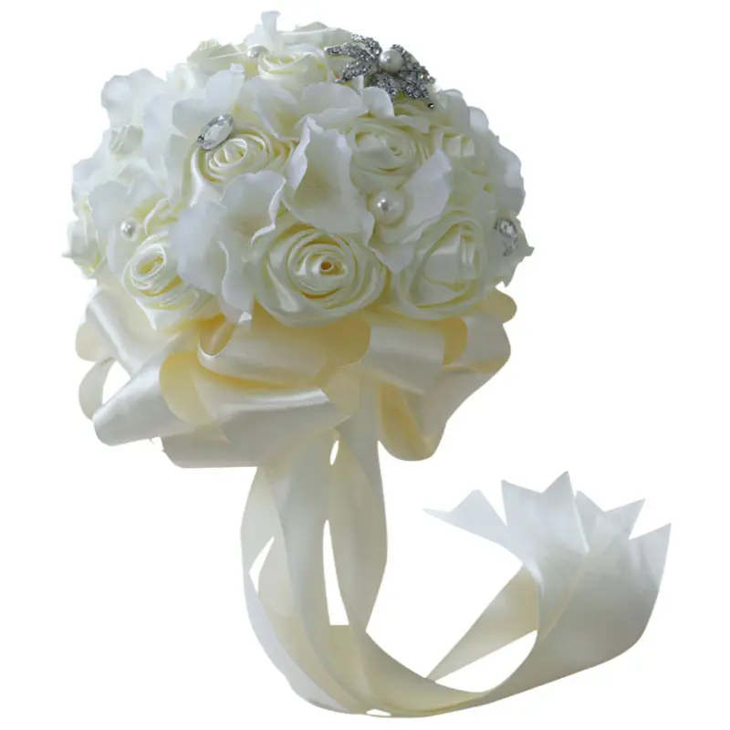 K020838 Handgemaakte Bruiloft Bruidsboeket Bruiloft Bedrijf Silk Rose Bouquet met Strass Broche Parels Lint Kwastje