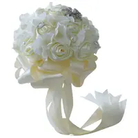 K020838 हस्तनिर्मित शादी दुल्हन गुलदस्ता शादी पकड़े रेशम गुलाब गुलदस्ता स्फटिक ब्रोच मोती रिबन के साथ लटकन