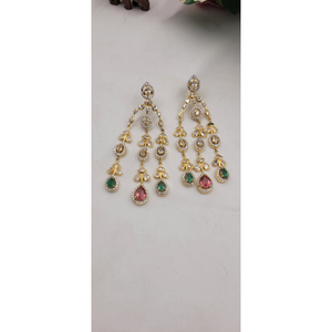 Luxury gold-plated chandelier <b>earrings</b> feature layered design with Polki diamonds green <b>emeralds</b> and pink rubies set - Product Image 1