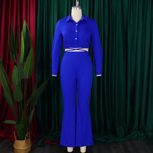 Camicia con collo a <span class=keywords><strong>Polo</strong></span> Top corto con pantaloni svasati tinta unita da donna due pezzi Set taglie forti fino a 3Xl - Product Image 3