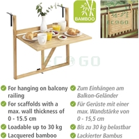 Langlebiger Bambus-Balkon-Klapptisch, Hängetisch für Balkongeländer mit Voll Verstellbaren Wandhalterungen und Balkontischplatte