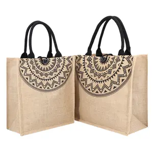 National Bohemia Hemp Bag Factory Custom Burlap Tote Bag with Cotton Handles Natural Jute Grocery Shopping Bag Supplier