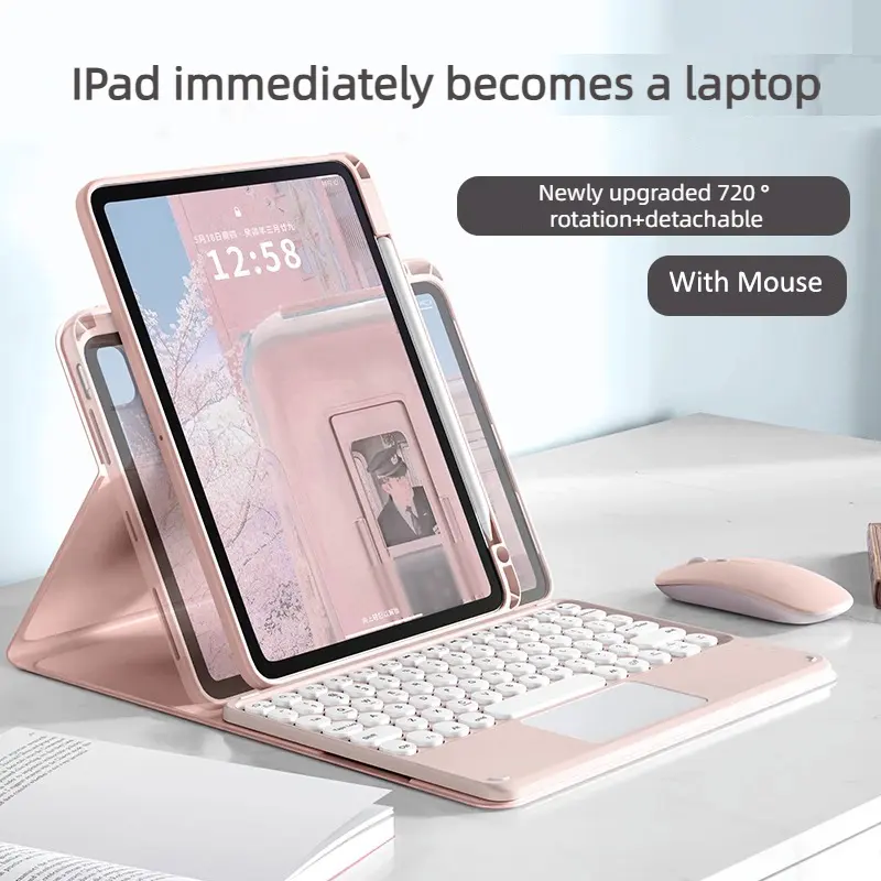 Sarung Keyboard berputar 720 inci, untuk iPad ke-10, 10.9 inci, penutup belakang bening dapat dilepas dengan Touchpad Mouse nirkabel