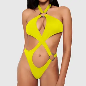 2024 achats en ligne de haute qualité pour les femmes sexy bikini creux de couleur unie avec anneau maillot de bain de plage une pièce
