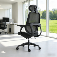 Chaise de bureau ergonomique contemporaine à dossier haut, grise, avec appui-tête réglable, accoudoirs fixes en tissu, base pivotante, inclinaison manuelle