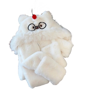 Conjunto de Gorro y Bufanda Cuadrados de Felpa Jacquard Blancos, Lindos y Cálidos para Invierno, Estilo Kawaii de Dibujos Animados para Niñas, Uso Diario - Product Image 1