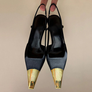 Sandalias de tacón alto de aguja con punta cuadrada dorada de metal para mujer, talla grande 44, con correa trasera y diseño slingback, zapatos de charol. - Product Image 6