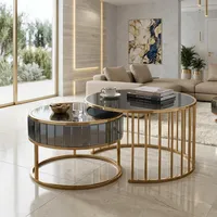 Mesa de Centro de Lujo con Espejo Gris, Diseño Moderno Redondo y Encajable, Marco Dorado, Muebles para Sala de Estar