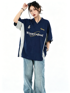 T-shirt rétro brodé de lettres, <span class=keywords><strong>pull</strong></span> en maille à col en V ample et tendance, haut respirant à manches courtes - Product Image 3