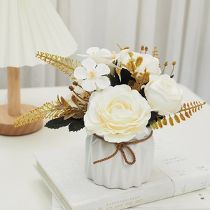Fall Tone Mauve Artificial Rose Potted Plant With Bow <b>Ceramic</b> <b>Pot</b> Geometric Decor Ornament For Home Table Display - Product Image 3