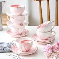Ensemble de tasses à café et sous-tasses rose en porcelaine, de luxe européen, tasses d'eau à bord doré avec cuillère, vente en gros, 6 pièces