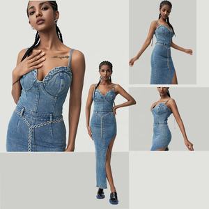 Robes longues d'été en denim <span class=keywords><strong>de</strong></span> qualité supérieure Wangsheng, sexy, respirantes, coupe régulière, col halter, bretelles spaghetti - Product Image 5