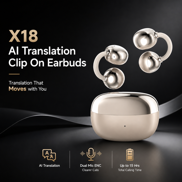 X18 Clip-On AI Translation Earbuds, Open-Ear 5.4 Headphones with Mic, Real-Time Translator for Travel & Business