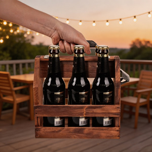 Solid Wood <b>Beer</b> Carrier With Bottle Opener Six Bottle Rack For Outdoor BBQ Storage - Product Image 1