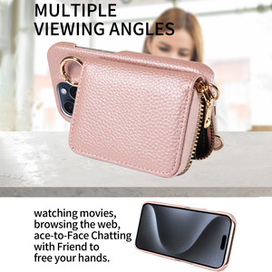 Pochette de téléphone tendance en cuir PU avec bandoulière, pochette à cartes intégrée, béquille et protection intégrale antichoc pour <span class=keywords><strong>iPhone</strong></span> 17 - Product Image 3