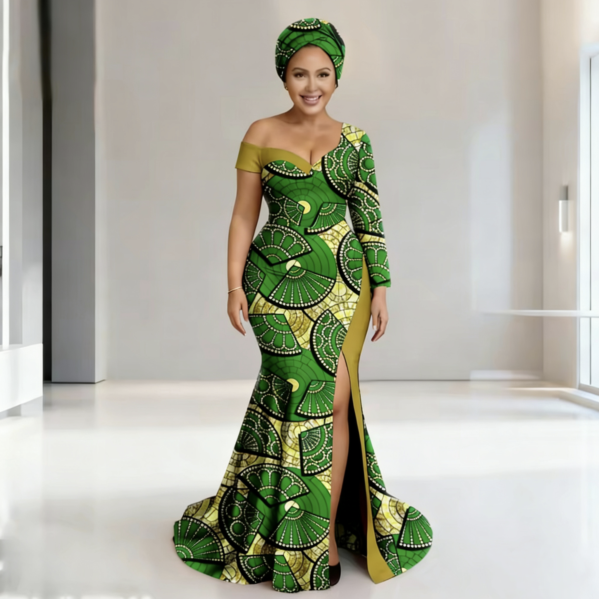 African Women Dashiki Traditional Wedding Dress High Slit Floor Length Plus Size Cotton Slim Fit Match