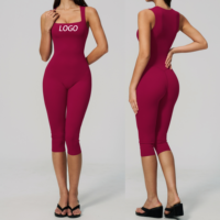Combinaison athlétique mi-longue pour femme, justaucorps de sport, unitard de yoga, col carré, sans manches, une pièce, tenue de fitness