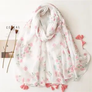 Newest elegant ladies girls most beautiful hijab scarf fashion women soft plain white pink flower cotton printed scarf shawls