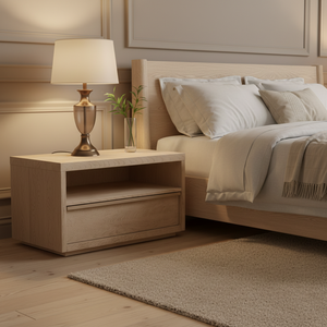 RH BEZIER Table de chevet fermée tiroir étagère ouverte en bois de chêne massif écologique durable table de chevet moderne pour <span class=keywords><strong>chambre</strong></span> salon - Product Image 1