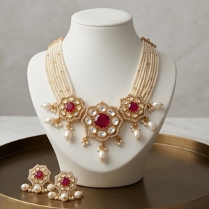 Collar choker tradicional de plata 92.5 con perlas y rubíes, diseño Kundan, joyería nupcial para mujer, estilo étnico. - Product Image 1