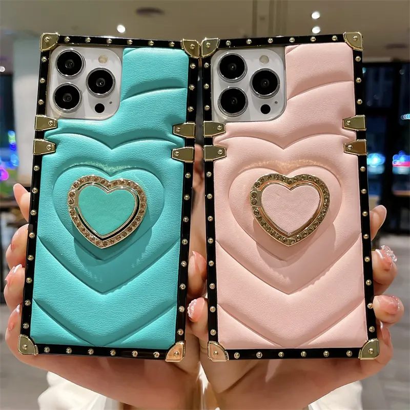 Casing ponsel Mewah Unik Love Heart Cell Cover fundas untuk iPhone 14 13 12 11 Pro Max dengan pemegang cincin