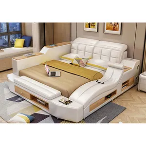 Winforce-cama de cuero con plataforma de estilo europeo, cama doble de caoba, tamaño de trinquete de lujo, tela blanca