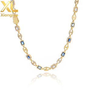 Copper 18K Gold Plated Pig Nose Choker <b>Necklace</b> Geometric Gemstone Design <b>Blue</b> White Zircon Fine Unisex Luxury Hip Hop Jewelry - Product Image 1