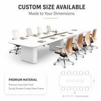 Table de conférence exécutive Racetrack avec plateau blanc mat, base sur pied, chemin de câbles et module d'alimentation pour bureau moderne