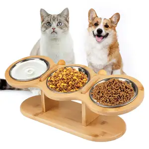 Altura Elevada Ajustável Ergonomic Feeding Status Anti Vomit Cat Bowl Aço Inoxidável Tilted Cat Bowl Com Suporte De Madeira