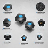 Manija de sujeción de plástico ABS de nailon con perilla de estrella de 5 lóbulos, rosca hembra M5 M6 M8 M10, tapa central azul para fijación de gabinetes de máquinas herramienta