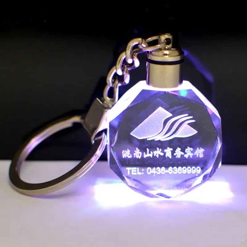 Artigifts Factory Wholesale Custom Made 3D Car Logo Glass Key Ring Led Light Keyring Crystal Keychain Laser Engraving Key Chain