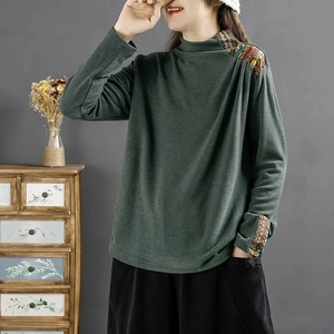 Women's Long Sleeve High Neck Top Autumn Winter Chinese Style Embroidery Velvet Base Shirt Brown Green Black - Product Image 3