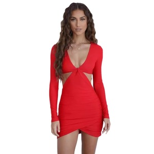 Nouvelle jupe femme Sexy col en V profond à manches longues moulante robe plissée taille robe révélatrice col volants robe Sexy - Product Image 2