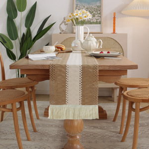 Camino <span class=keywords><strong>de</strong></span> <span class=keywords><strong>mesa</strong></span> Boho Chic con borla crema y mantel <span class=keywords><strong>de</strong></span> <span class=keywords><strong>arpillera</strong></span> empalmado marrón para bodas bohemias Rústicas - Product Image 2