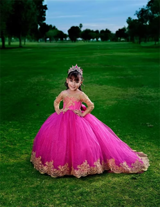 Hot Gold Applique Elegante Baby Hochzeit Mädchen Kleider für Geburtstag <span class=keywords><strong>Prom</strong></span> Party benutzer definierte Abendkleid - Product Image 5