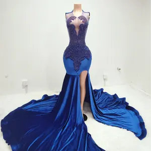 Ocstrade Vestido Rhinestone robe femme Bling Sexy robes de soirée haute fente bleu robes de bal 2024 robes de soirée Sexy robe de bal