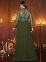 Robe de soirée maxi en mousseline de soie élégante de haute qualité pour femmes grandes tailles, col montant, manches longues, ornée de perles et de paillettes, patchwork, unie