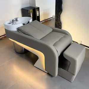 Sillón de Lavado de Cabello Moderno Color Beige, con Asiento de Cuero PU y Taburete, para Salón de Belleza - Product Image 5