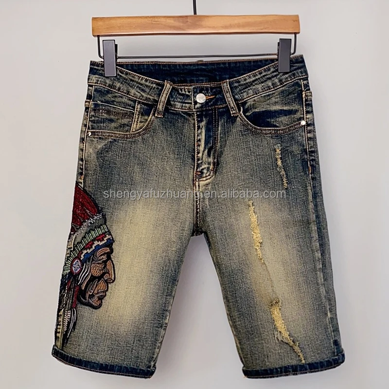 Fashion urban denim style knitted cotton elastic shorts men's jeans