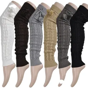 Women Cable Knitted Extra Long Thigh High Leg Warmer for women with Strip in Stock Fashion Floral Hand Knit Leg Warmers Boot Soc