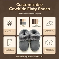 Chaussons plats en cuir de vachette gris avec col en fourrure épaisse, coutures soignées, confortables et respirants pour usage quotidien
