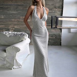 Robe longue de soirée pour femme, style français, à pois, col halter, dos nu, col en V, avec grand nœud, à lacets, coupe ajustée - Product Image 4