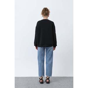เสื้อสเวตเชิ้ตปักลายตาข่ายแขนยาวสำหรับผู้หญิง - สีดำ - Product Image 5