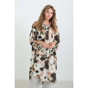 Puane Women's Abstract Patterned Oversize Button-Down Tunic Shirt with Slit Hem, Breathable Khaki Blouse for Casual Wear - Product Image 1