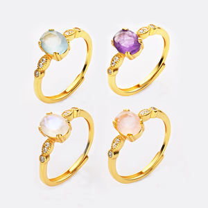 925スターリングシルバーレディースファインジュエリーナチュラルムーンストーンアクアマリンゴールドメッキヒーリングクリスタルリング女の子用 - Product Image 1