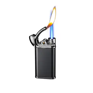 Brazo basculante Encendedor de fuego doble Gas butano Llama azul y interruptor de llama abierta Encendedor de metal al por mayor