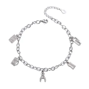 Fine Jewelry OEM Custom Charm Pendant Bracelet 925 Sterling Silver Personality Letters Square Tag Adjustable Chain Bracelet