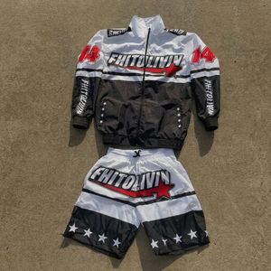 Custom High Quality Nylon <b>Retro</b> Color Block Motocore Graphic Print Mens Windbreaker Jacket and Shorts <b>Tracksuit</b> Set - Product Image 2