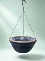 Panier suspendu tissé bleu marine avec bord en corde beige, 3 crochets métalliques, style américain, pot de fleurs de jardin sculpté à la main pour la maison