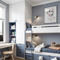 Lit superposé pour enfants avec armoire intégrée, meuble latéral tout-en-un, rangement multifonctionnel, design minimaliste moderne, modèle en bois massif FN017